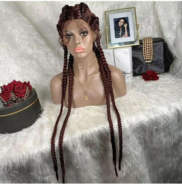 Synthetic Braided Lace Front Wigs Natural 34 Inches Burgundy