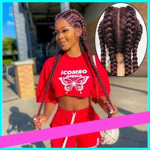  Burgundy Red Braided Wigs for Black Women Realistic Braided  Full Lace Front Wigs with Baby Hair 4 Braids Wigs Synthetic Heat Resistant  Cosplay Daily Handmade Braid Wig 30 Inch 