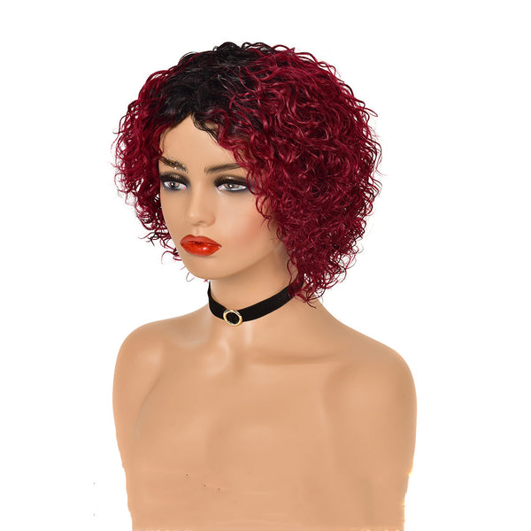 Short Pixie Cut Curly Wigs Ombre Burgundy Dark Root Human Hair No Lace –  ATOZWIG