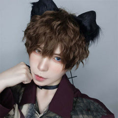 Unisex Short Water Wavy Curly Lolita Cosplay Wigs Brown Fluffy Cute Daily Party