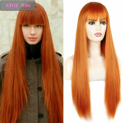 Long Straight Synthetic Wigs with Bangs for Women Orange Color Cosplay Daily Wig