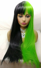 Long Synthetic Half Black Green Straight Wig With Bang Cosplay Party Full Wigs