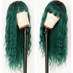 Wigs With Bangs Ombre Dark Green Wig Long Loose Wavy Curly Hair Synthetic