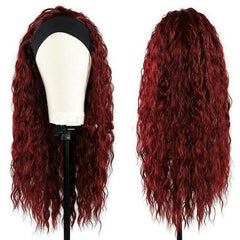 Long Curly Wave Wine Red Black Root Wig With Headband Synthentic Heat Resistant