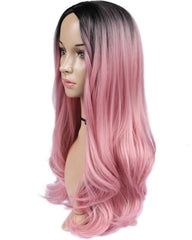 Long Synthetic Cosplay Wig Body Wave Ombre Pink Middle Part Wigs