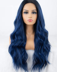 Blue Ombre Lace Front Wig Glueless Long Wavy Dark Blue Synthetic Wig with Dark Roots Middle Parting Ombre Lace Wig Heat Resistant 22 inches