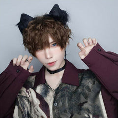 Unisex Short Water Wavy Curly Lolita Cosplay Wigs Brown Fluffy Cute Daily Party