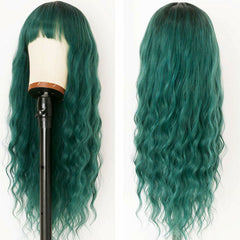 Wigs With Bangs Ombre Dark Green Wig Long Loose Wavy Curly Hair Synthetic