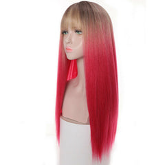 Fashion Long Straight Blonde Pink Bangs Wig Synthetic Glueless Daily Cosplay New