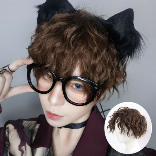 Unisex Short Water Wavy Curly Lolita Cosplay Wigs Brown Fluffy Cute Daily Party