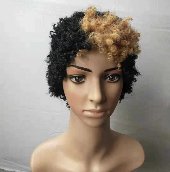 Short Curly Wave Synthetic Pixie Cut Wig Black Ombre brown Party Full Hair