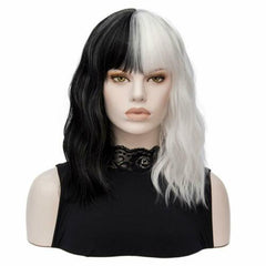 Women's Short Curly Bob Wavy Wig Body Wave Black White Wig Cosplay Daily Party