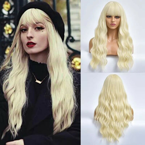 Long Wave Blonde Daily Hair Synthetic Glueless Wig With Bangs Heat Resistant