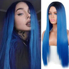 Fashion Long Straight Dark Blue Wigs Two Tones for Halloween Cosplay Party Wigs