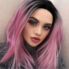 Wig Ombre Pink Wig Short Straight Bob Wigs Black to Pink Middle Part Synthetic