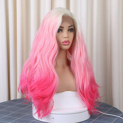 Glueless Long Wavy Lace Front Wig Ombre Blonde Pink Rose Red for Party