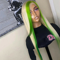 Long Straight Wigs Blonde Ombre Green Lace Front Wig Party Natural Looking