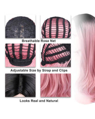 Long Synthetic Cosplay Wig Body Wave Ombre Pink Middle Part Wigs