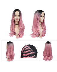 Long Synthetic Cosplay Wig Body Wave Ombre Pink Middle Part Wigs