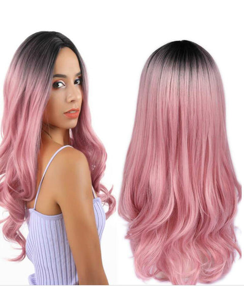 Long Synthetic Cosplay Wig Body Wave Ombre Pink Middle Part Wigs