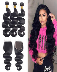 Remy Brazilian Human Hair Bundles Weaves with 4x4 Lace Closure Body Wave Natural Color